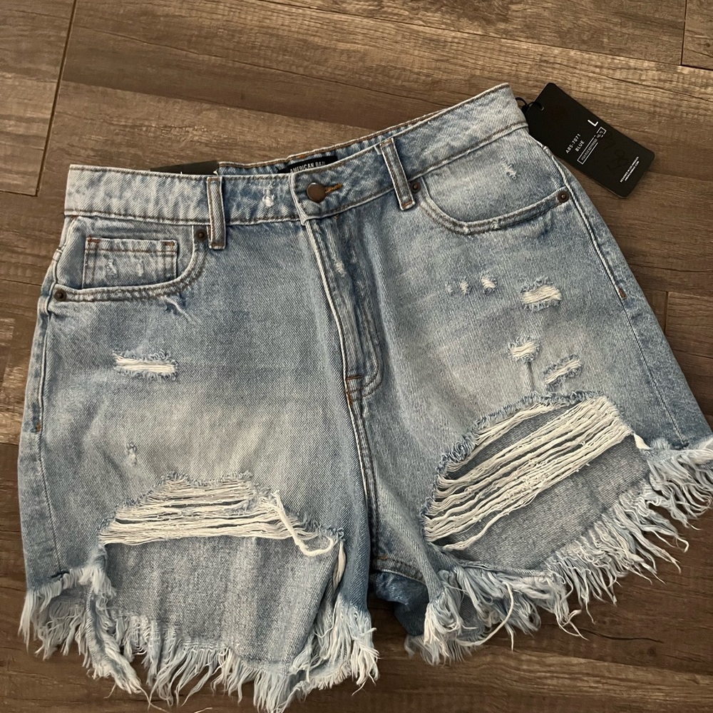 American Bazi Light Blue Distressed Jean Shorts